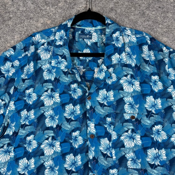 Caribbean Joe Blue Floral Hawaiian Shirt 3XT Tropical Button Up Vacation Top - Picture 3 of 12